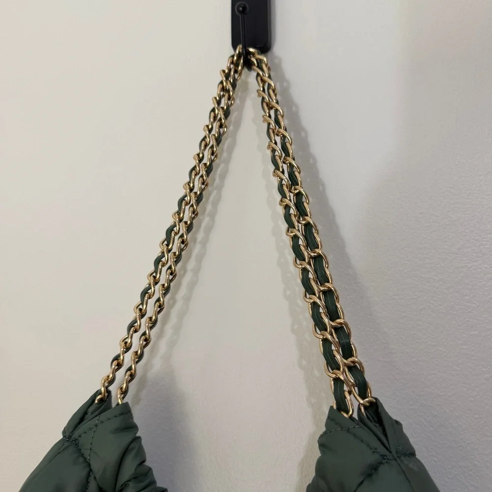 Quilted Puffer Chain Hobo Bag Olive Green Pillow Shoulder Bag  Y2K Luxury